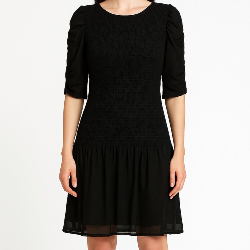 Cato Smocked Bodice Ruffle Hem Black Dress Short Sleeve L
